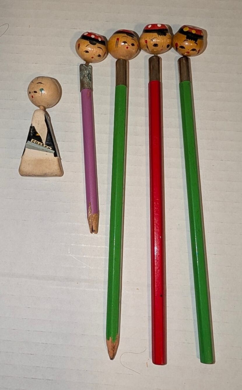 Vintage 1970's Bobblehead Kokeshi Doll Pencils Eraser China Town Souvenir